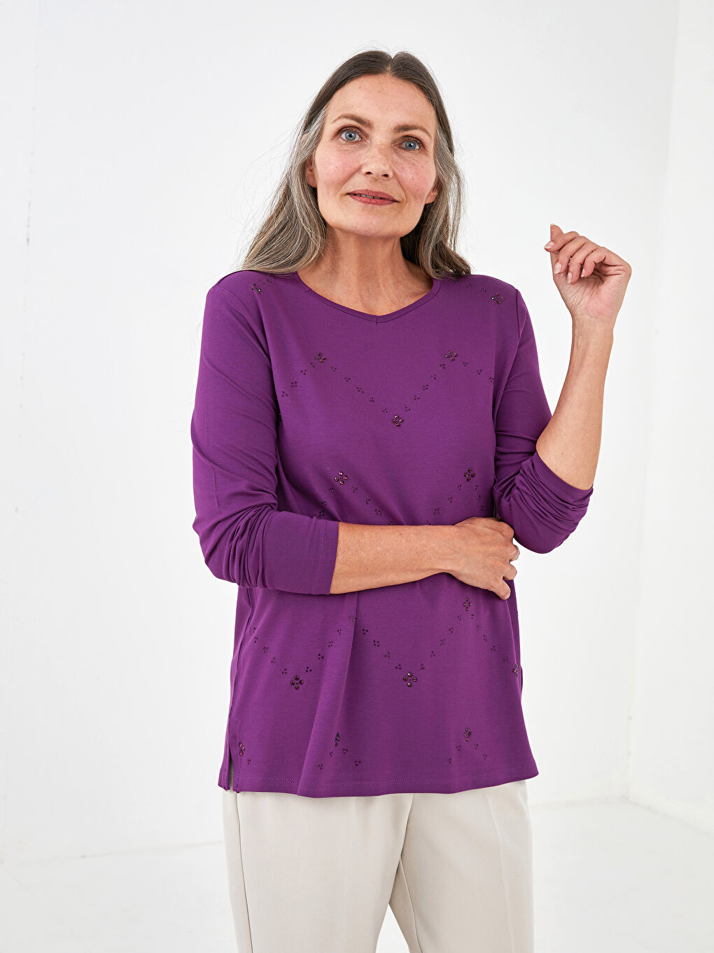 Mor Bisiklet Yaka Taşlı Uzun Kollu Kadın Bluz