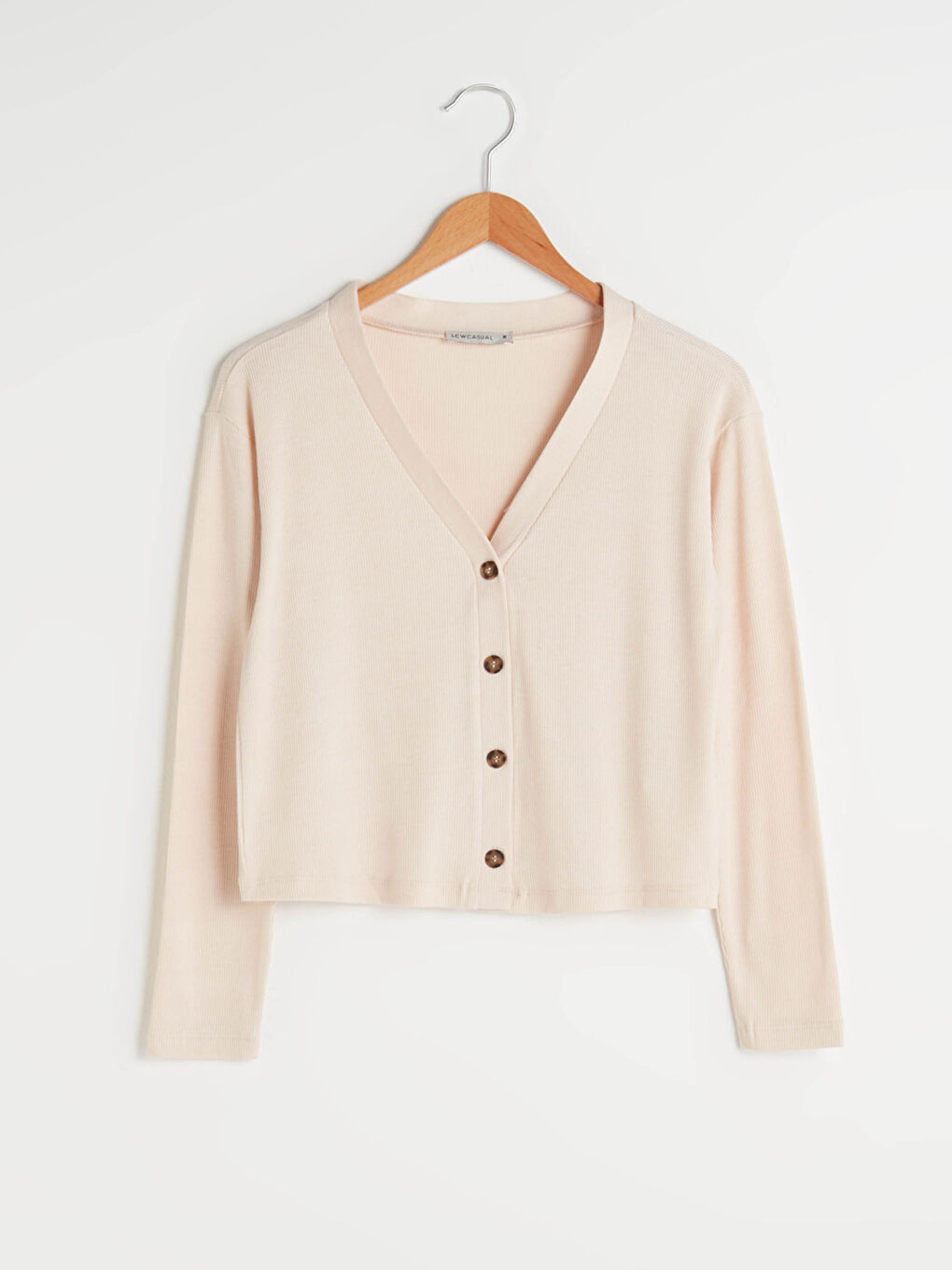 Bej V Yaka Düz Düğme Kapamalı Uzun Kollu Kadın Fitilli Hırka-5