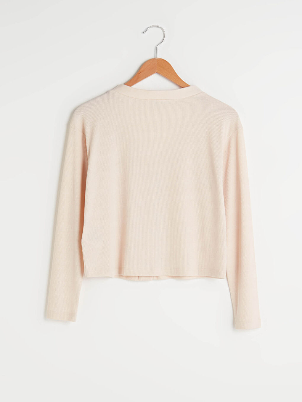 Bej V Yaka Düz Düğme Kapamalı Uzun Kollu Kadın Fitilli Hırka-6