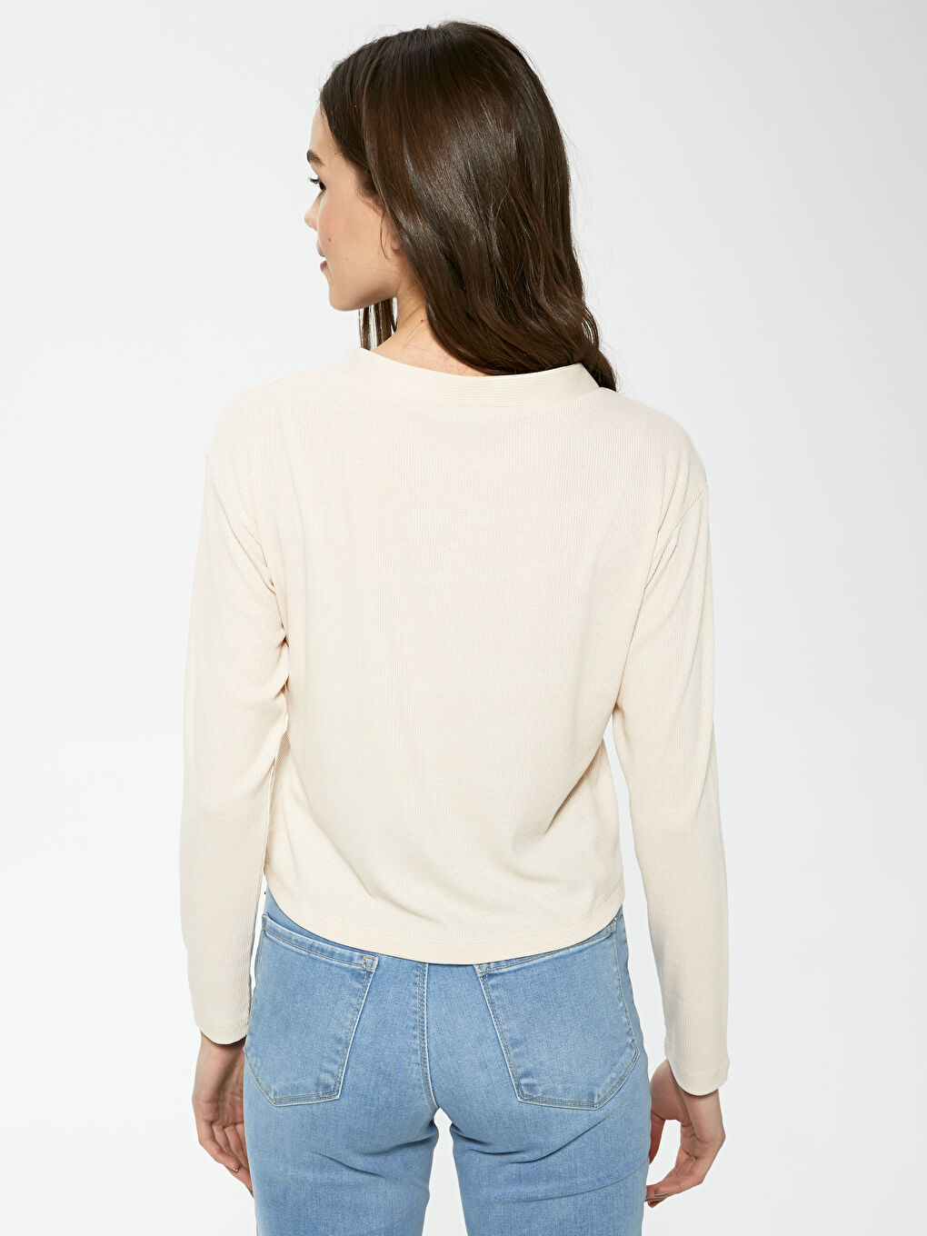 Bej V Yaka Düz Düğme Kapamalı Uzun Kollu Kadın Fitilli Hırka-3