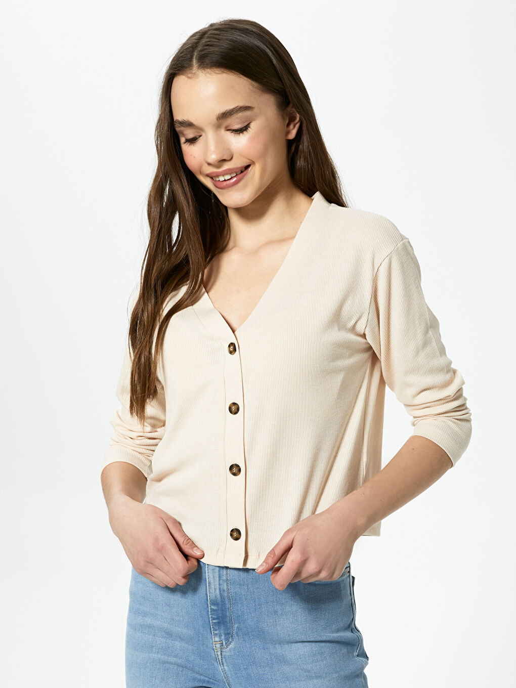 Bej V Yaka Düz Düğme Kapamalı Uzun Kollu Kadın Fitilli Hırka-4