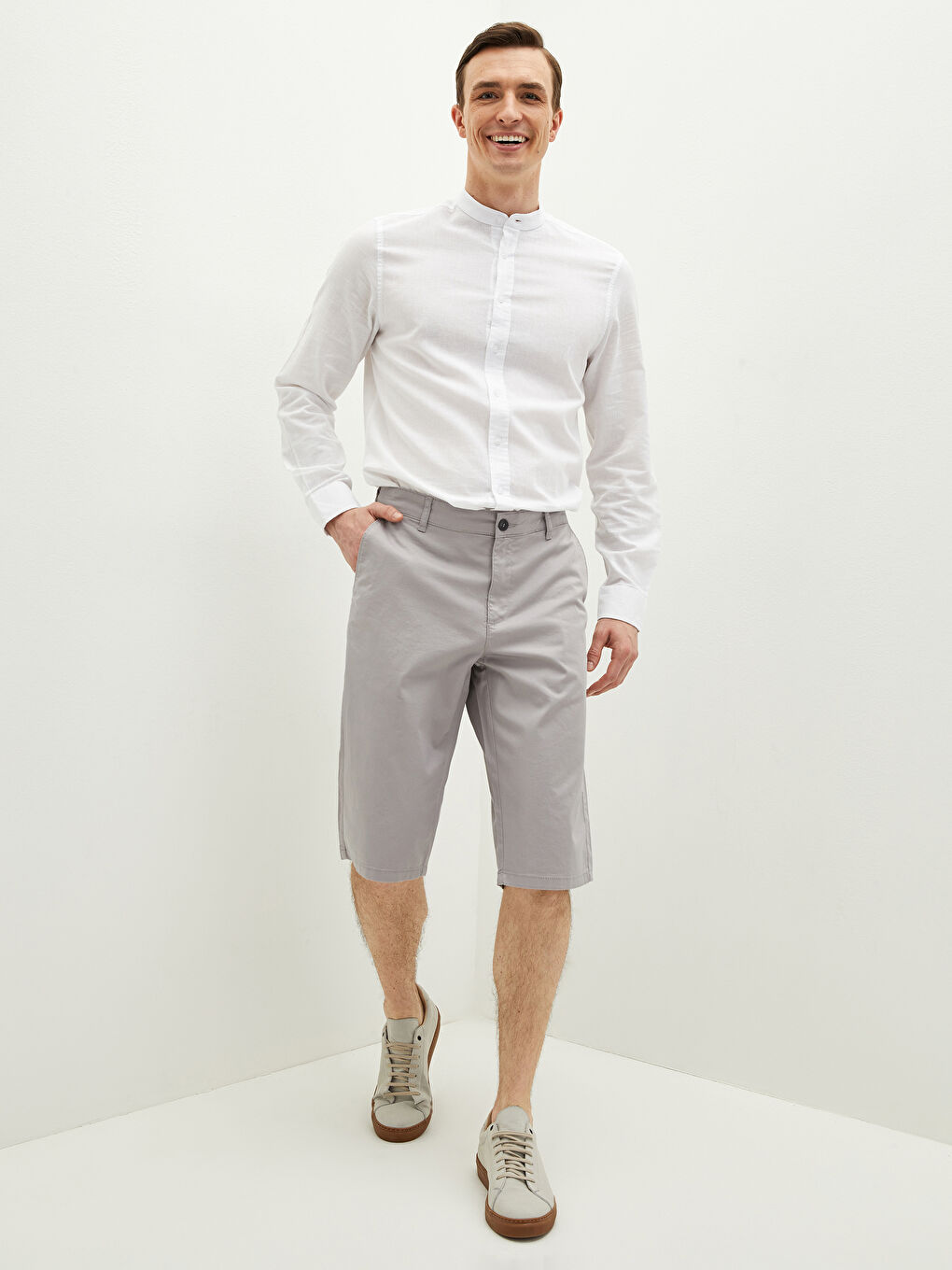 Gri Geniş Kalıp Gabardin Erkek Şort-2