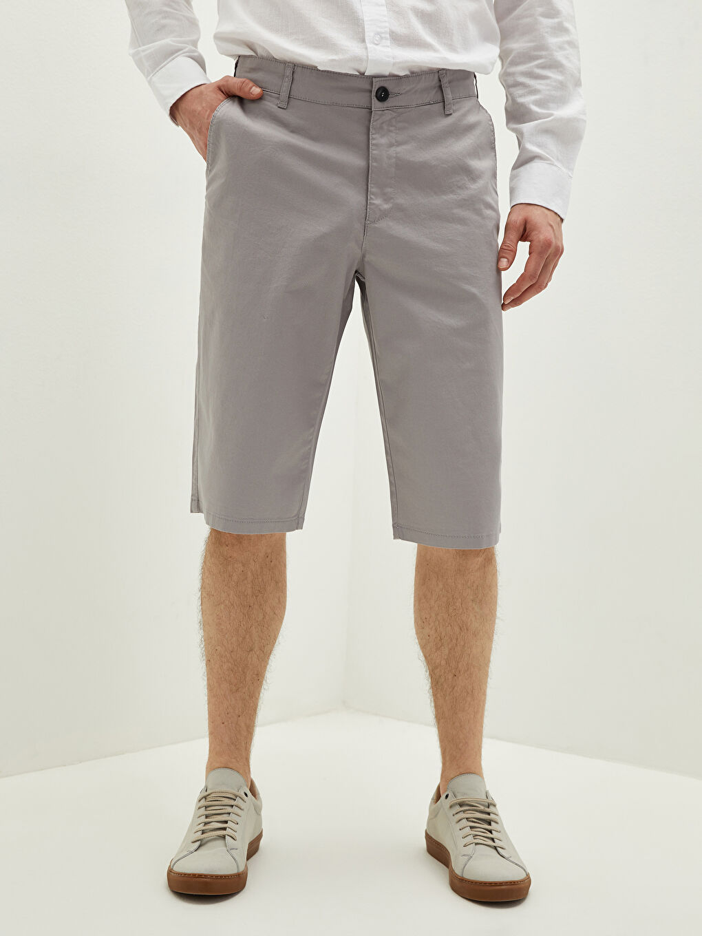 Gri Geniş Kalıp Gabardin Erkek Şort-3