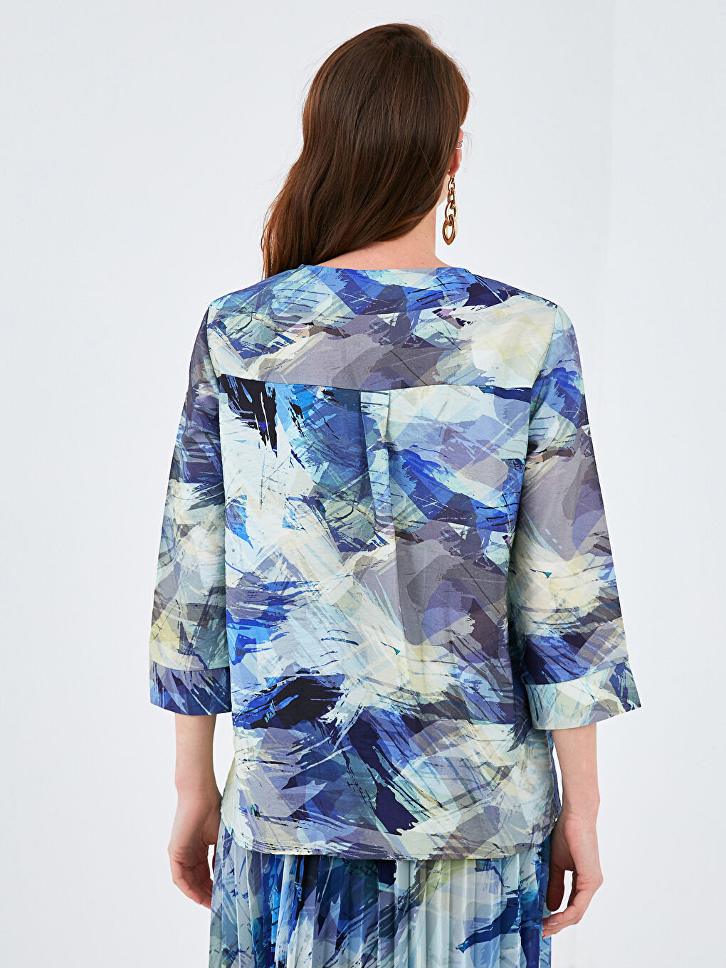 Mavi Bisiklet Yaka Desenli Yarım Kollu Kadın Bluz-3