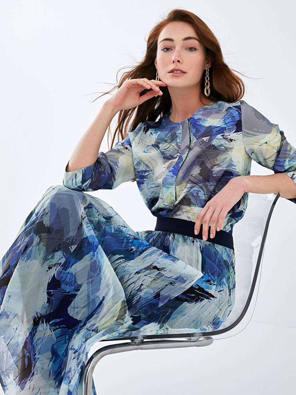 Mavi Bisiklet Yaka Desenli Yarım Kollu Kadın Bluz