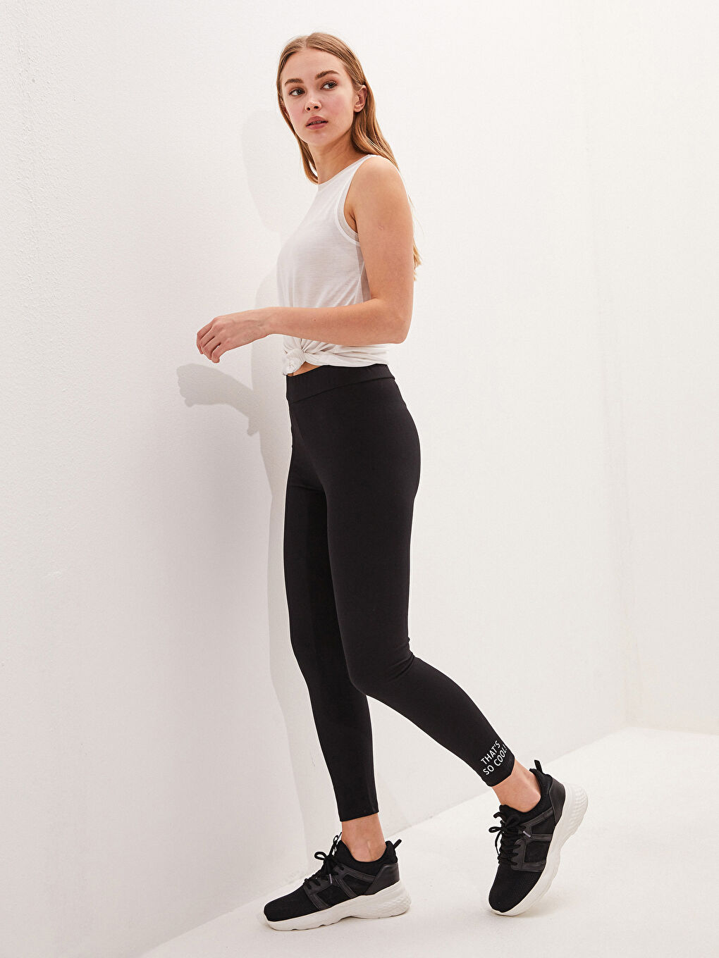 Siyah Beli Lastikli Slogan Baskılı Kadın Tayt-2