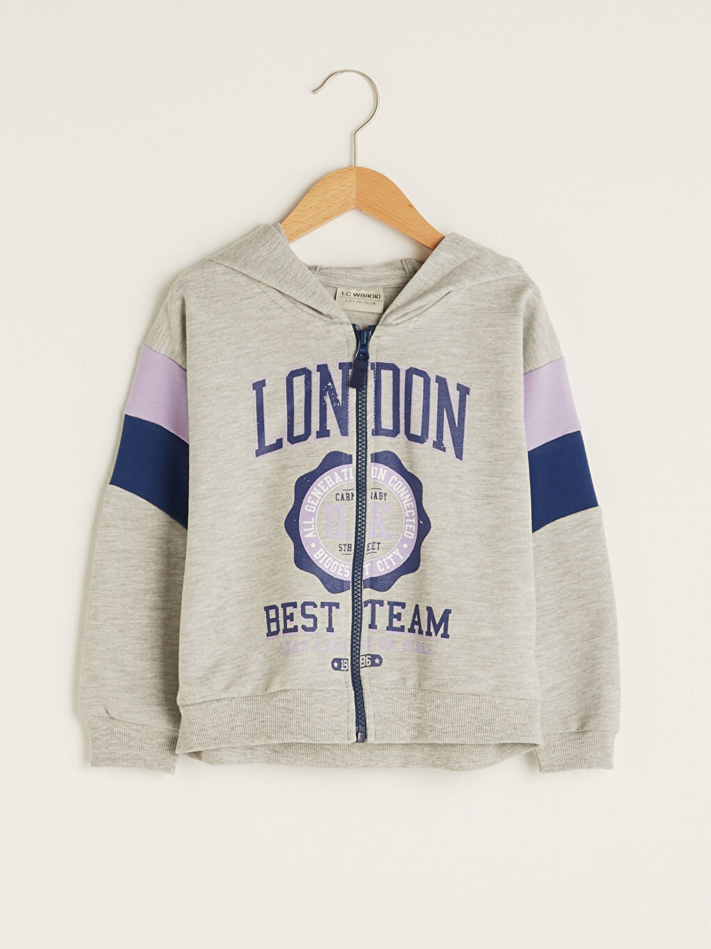 Gri Kapüşonlu Baskılı Uzun Kollu Kız Çocuk Fermuarlı Sweatshirt