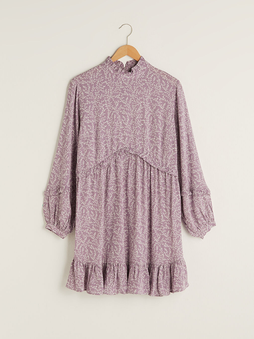 LCW Modest Frilly Collar Patterned Long Sleeve Crinkle Fabric Women's Tunic -S1HD83Z8-LSC