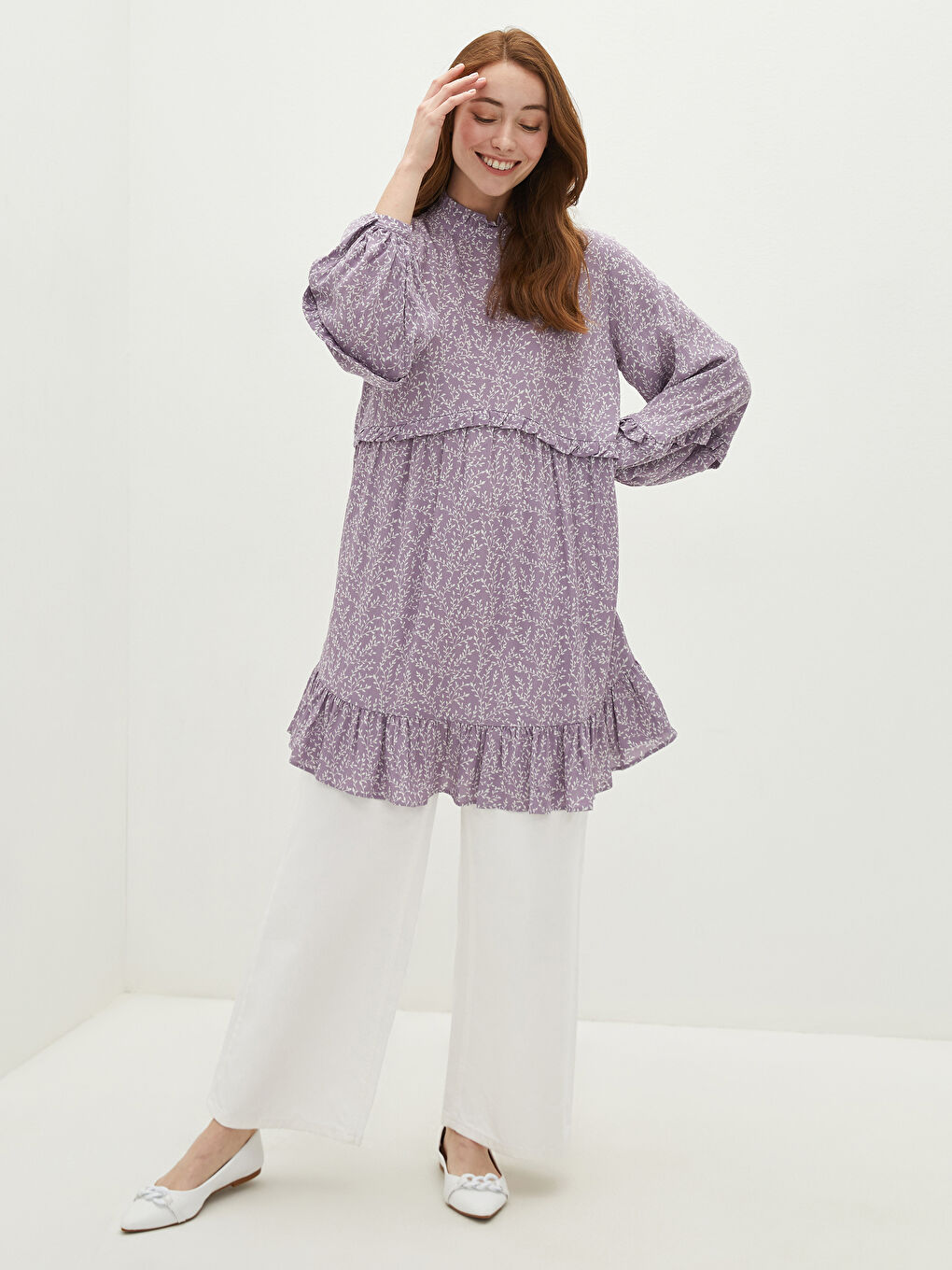 LCW Modest Frilly Collar Patterned Long Sleeve Crinkle Fabric Women's Tunic -S1HD83Z8-LSC