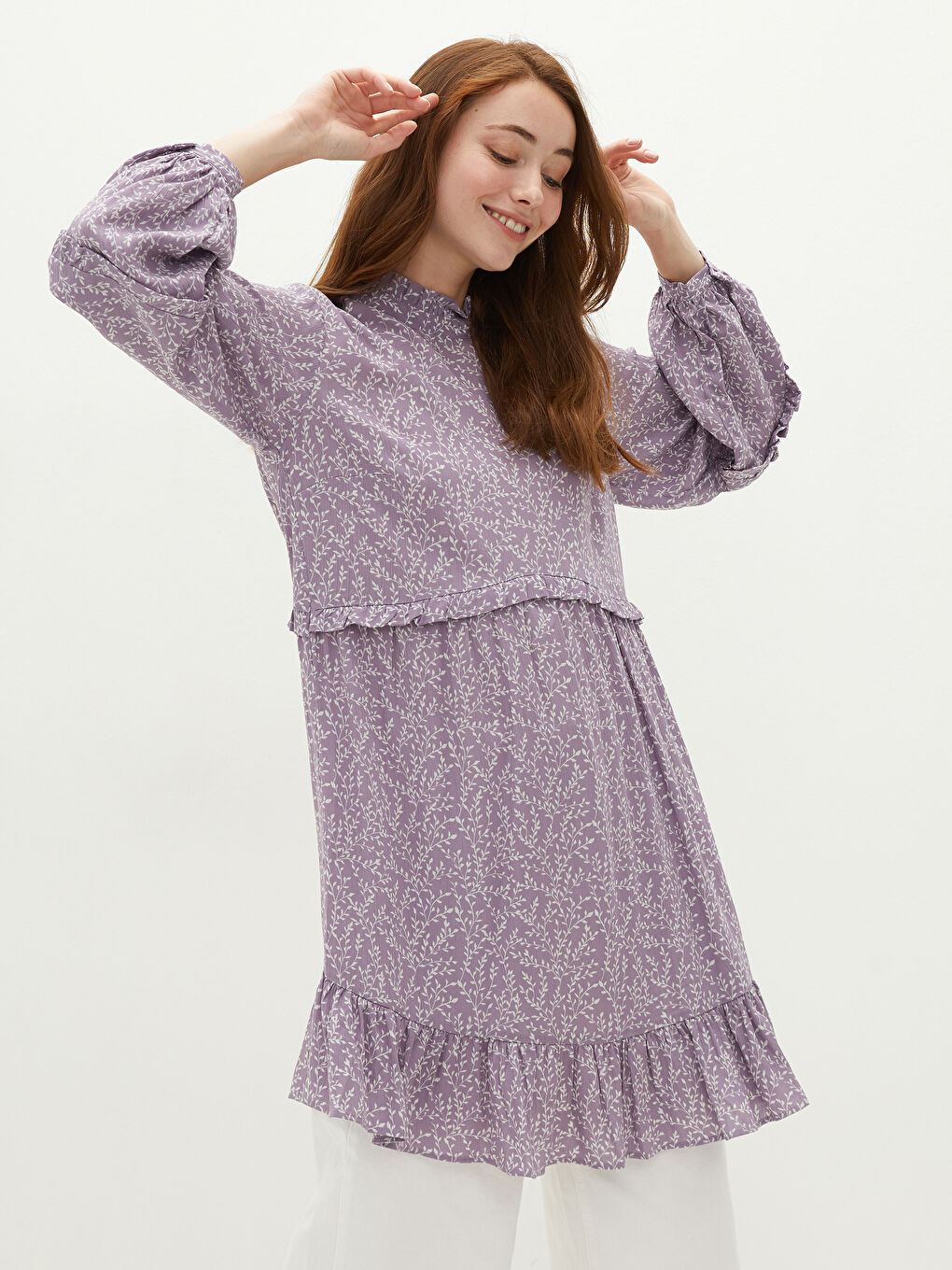 LCW Modest Frilly Collar Patterned Long Sleeve Crinkle Fabric Women's Tunic -S1HD83Z8-LSC