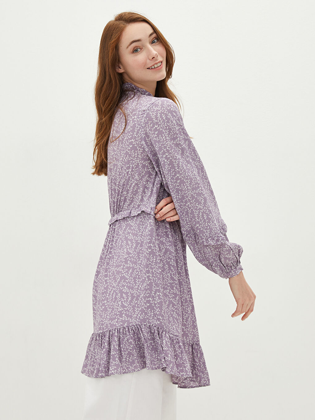 LCW Modest Frilly Collar Patterned Long Sleeve Crinkle Fabric Women's Tunic -S1HD83Z8-LSC