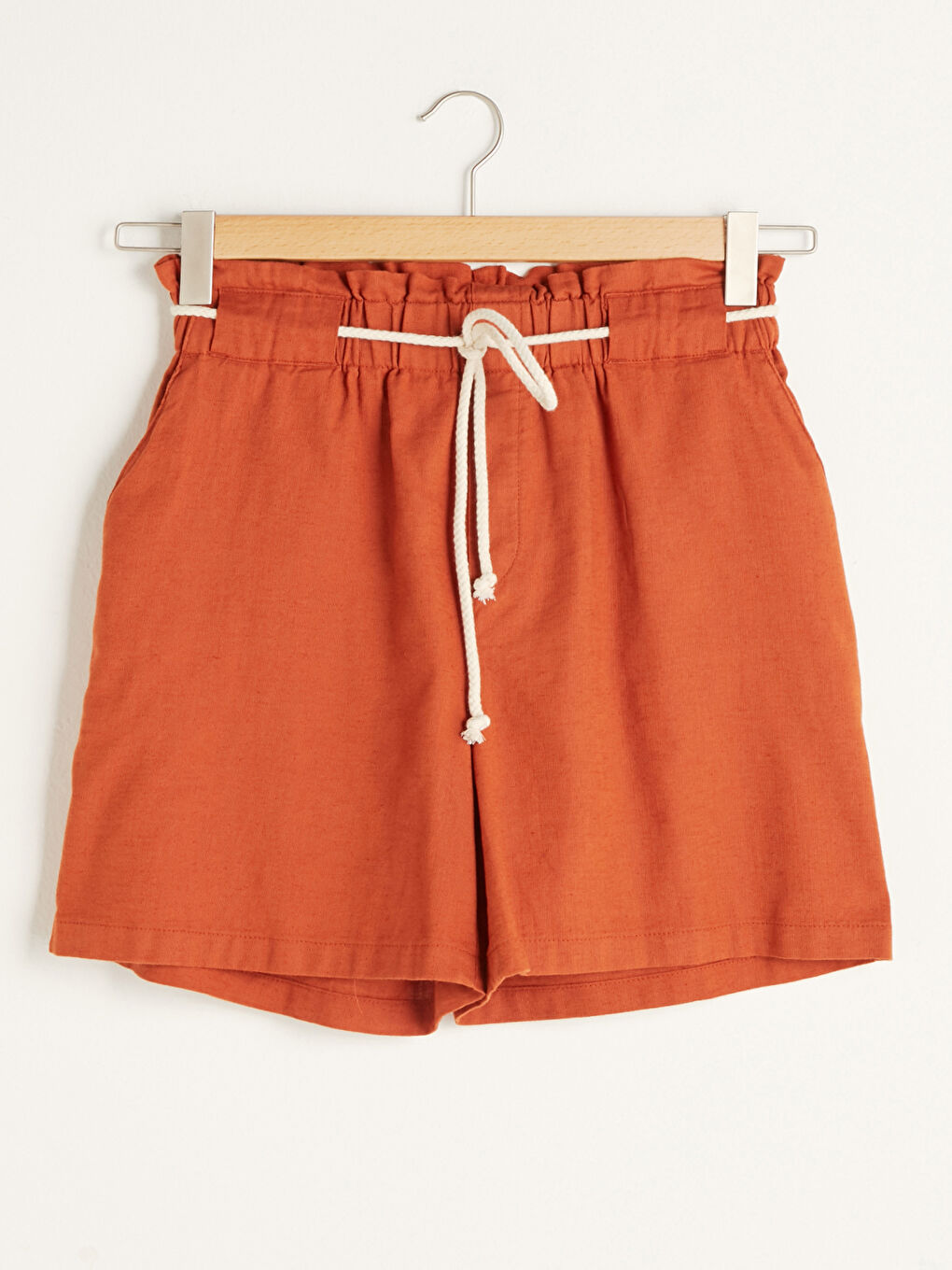 Turuncu Beli Lastikli Cep Detaylı Palazzo Gabardin Kumaş Kadın Şort-5