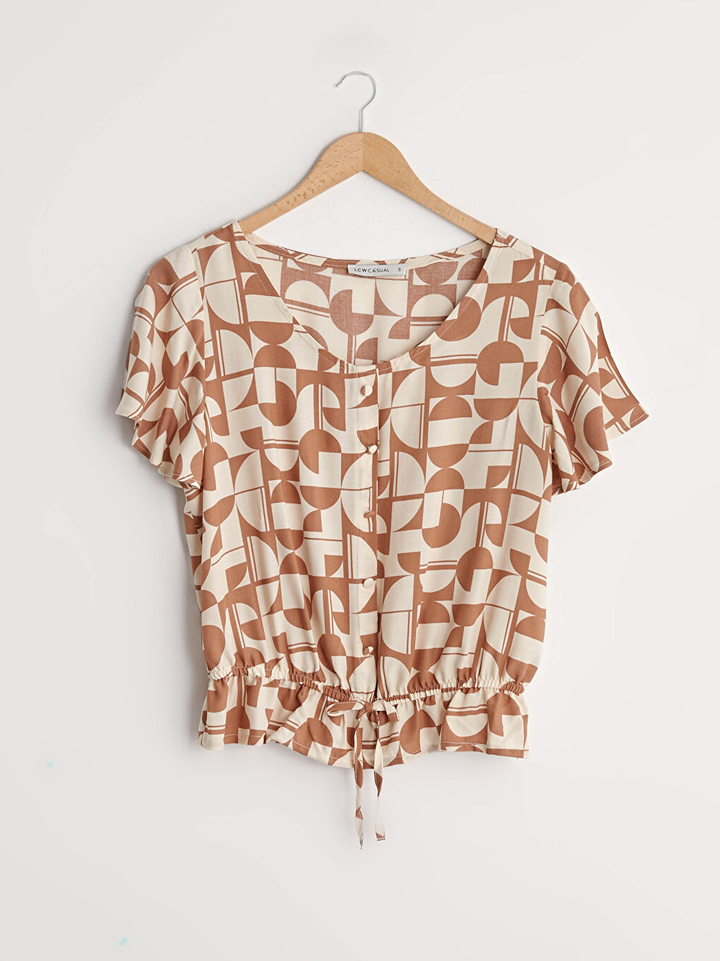 Kahverengi Bisiklet Yaka Baskılı Kısa Kollu Poplin Kadın Bluz-5