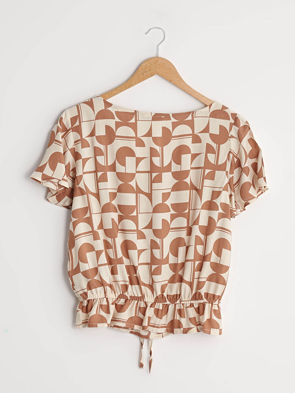 Kahverengi Bisiklet Yaka Baskılı Kısa Kollu Poplin Kadın Bluz-6