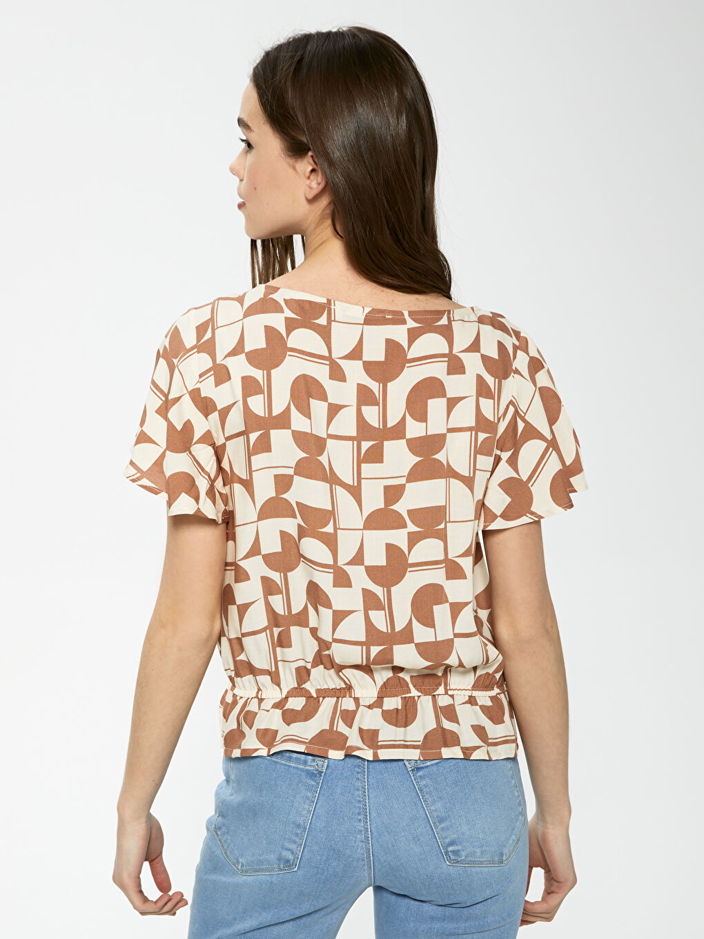 Kahverengi Bisiklet Yaka Baskılı Kısa Kollu Poplin Kadın Bluz-3