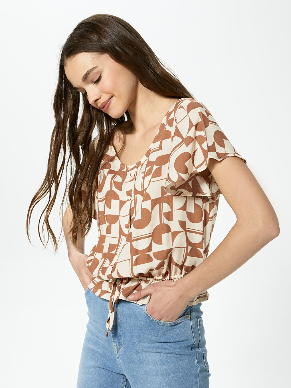Kahverengi Bisiklet Yaka Baskılı Kısa Kollu Poplin Kadın Bluz-4