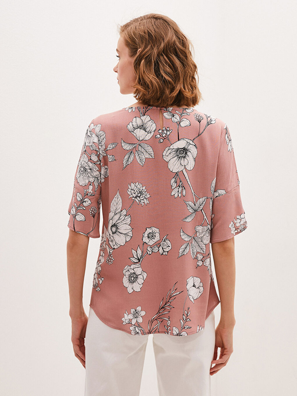 Crew Neck Floral Short Sleeve Viscose Women's Blouse-3