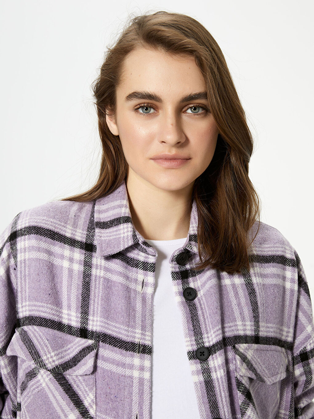 Lila Önden Düğme Kapamalı Ekose Uzun Kollu Gabardin Hamile Gömlek-1
