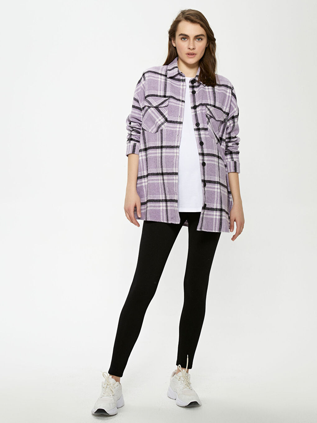 Lila Önden Düğme Kapamalı Ekose Uzun Kollu Gabardin Hamile Gömlek-2