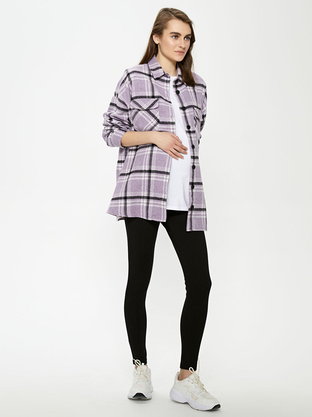 Lila Önden Düğme Kapamalı Ekose Uzun Kollu Gabardin Hamile Gömlek-3