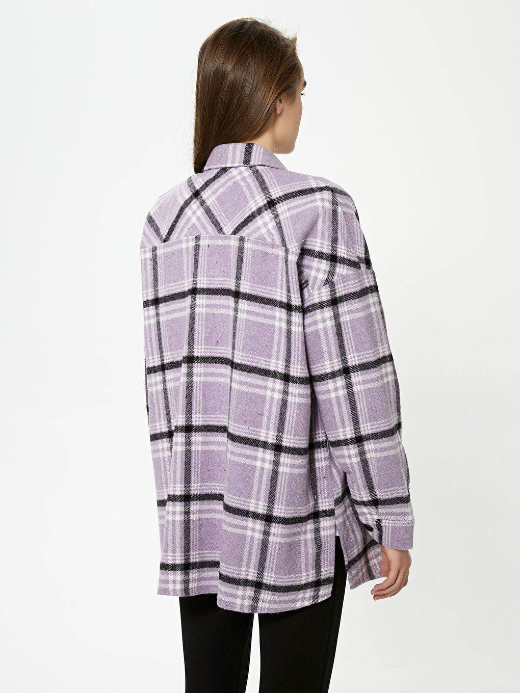 Lila Önden Düğme Kapamalı Ekose Uzun Kollu Gabardin Hamile Gömlek-4