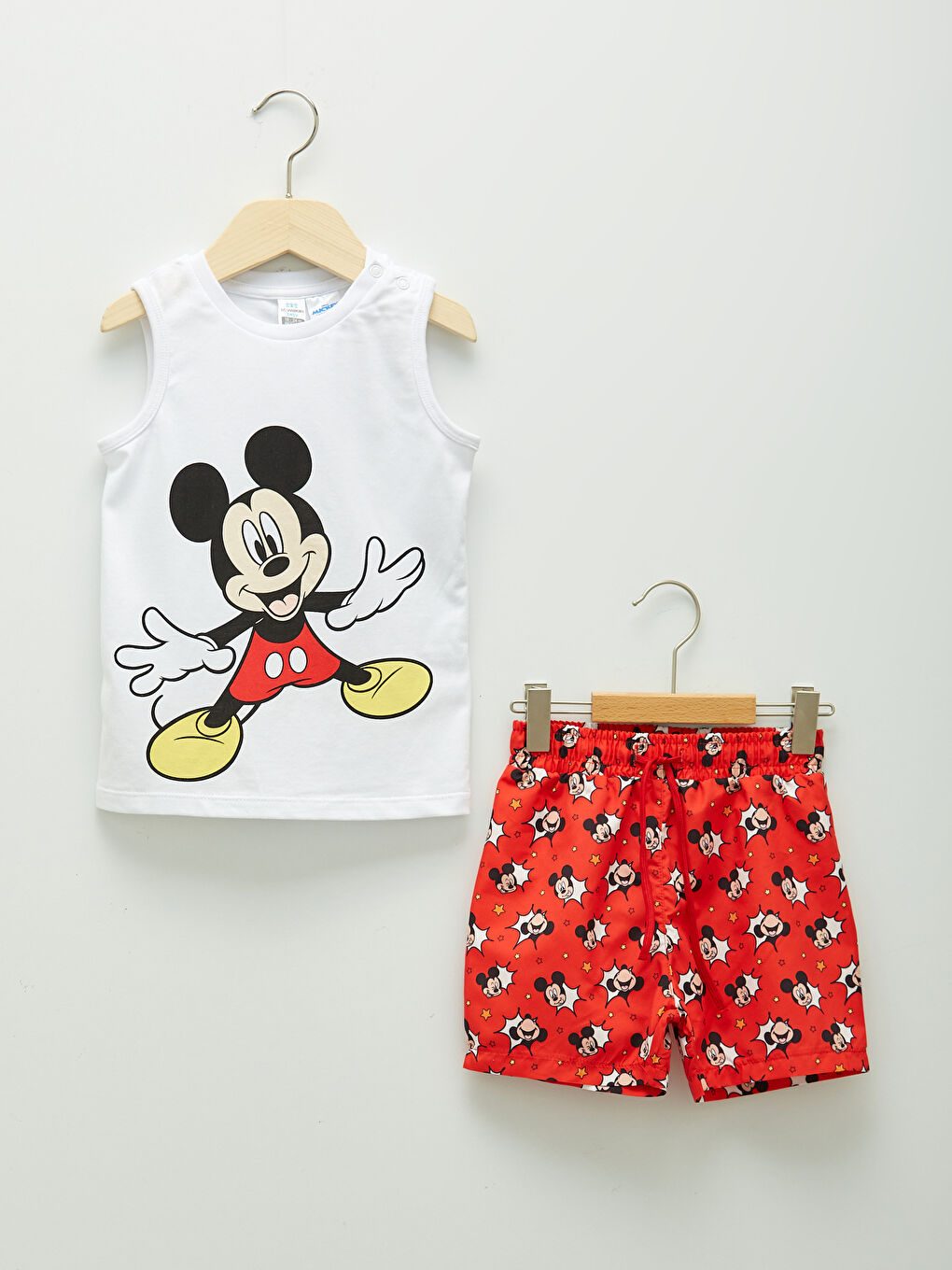 Beyaz Bisiklet Yaka Mickey Mouse Baskılı Erkek Bebek File Detaylı Yüzme Takım