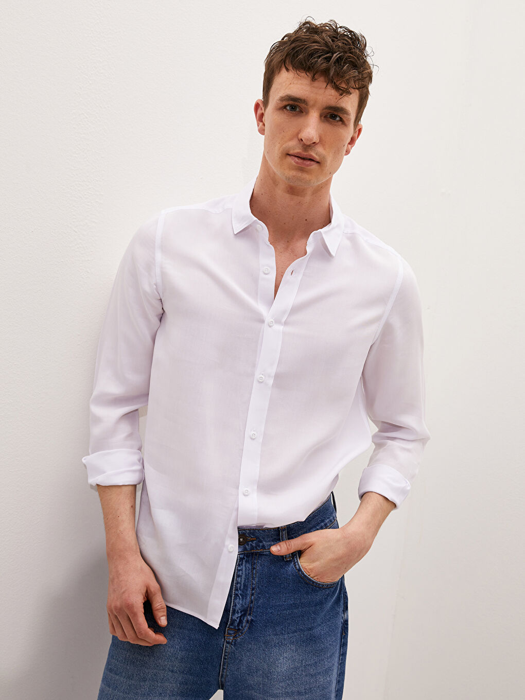 Chemise Gabardine Coupe Svelte Manches Longues Pour Hommes-2