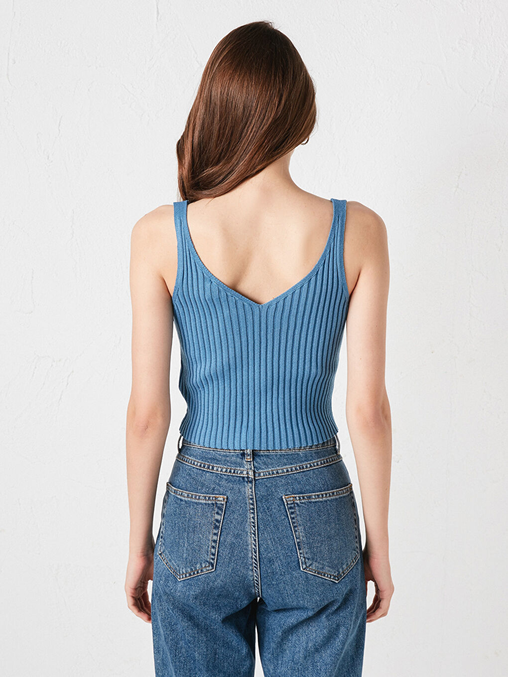 Mavi V Yaka Düz İnce Askılı Kadın Triko Kazak-4