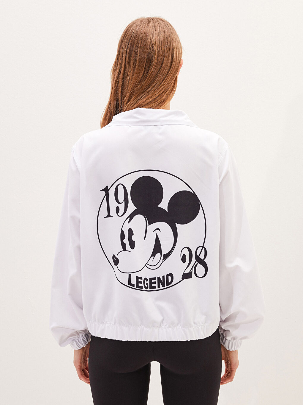 Beyaz Dik Yaka Mickey Mouse Baskılı Uzun Kollu Kadın Yağmurluk-4