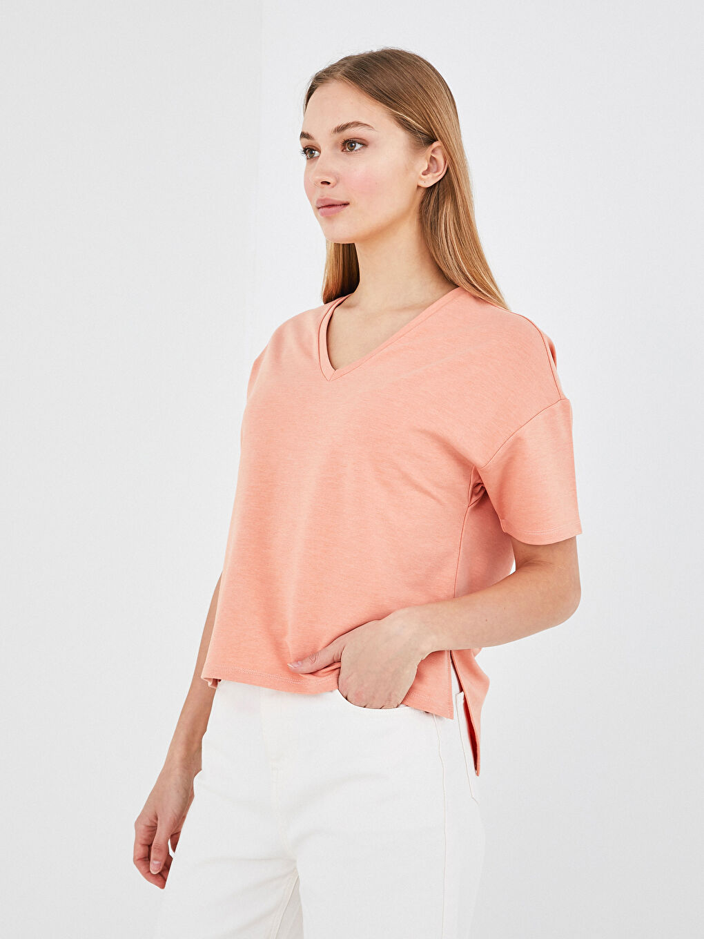 V-Neck Plain Short Sleeve Women's T-Shirt-5