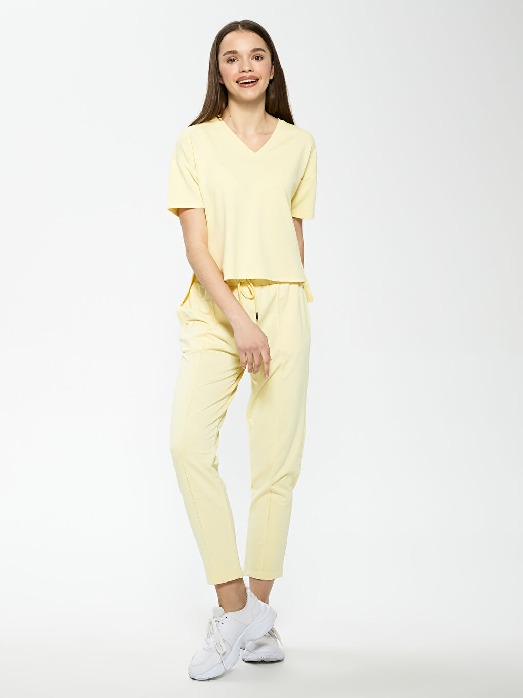 V-Neck Plain Short Sleeve Women's T-Shirt-2