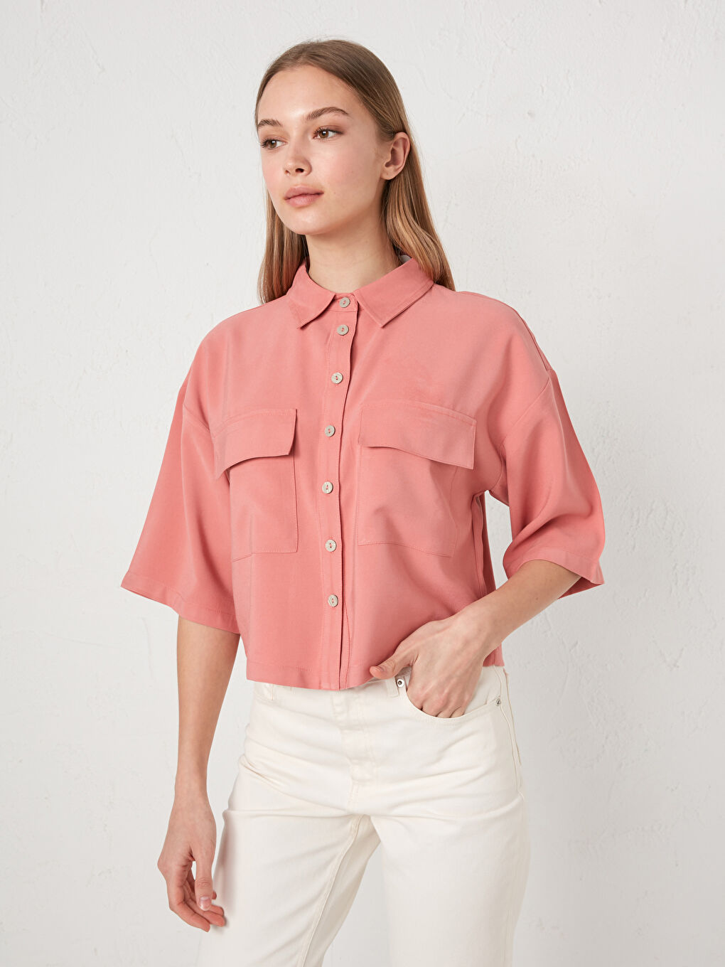 Short Sleeve Women's Shirt With Pocket Detailed Button Closure-1