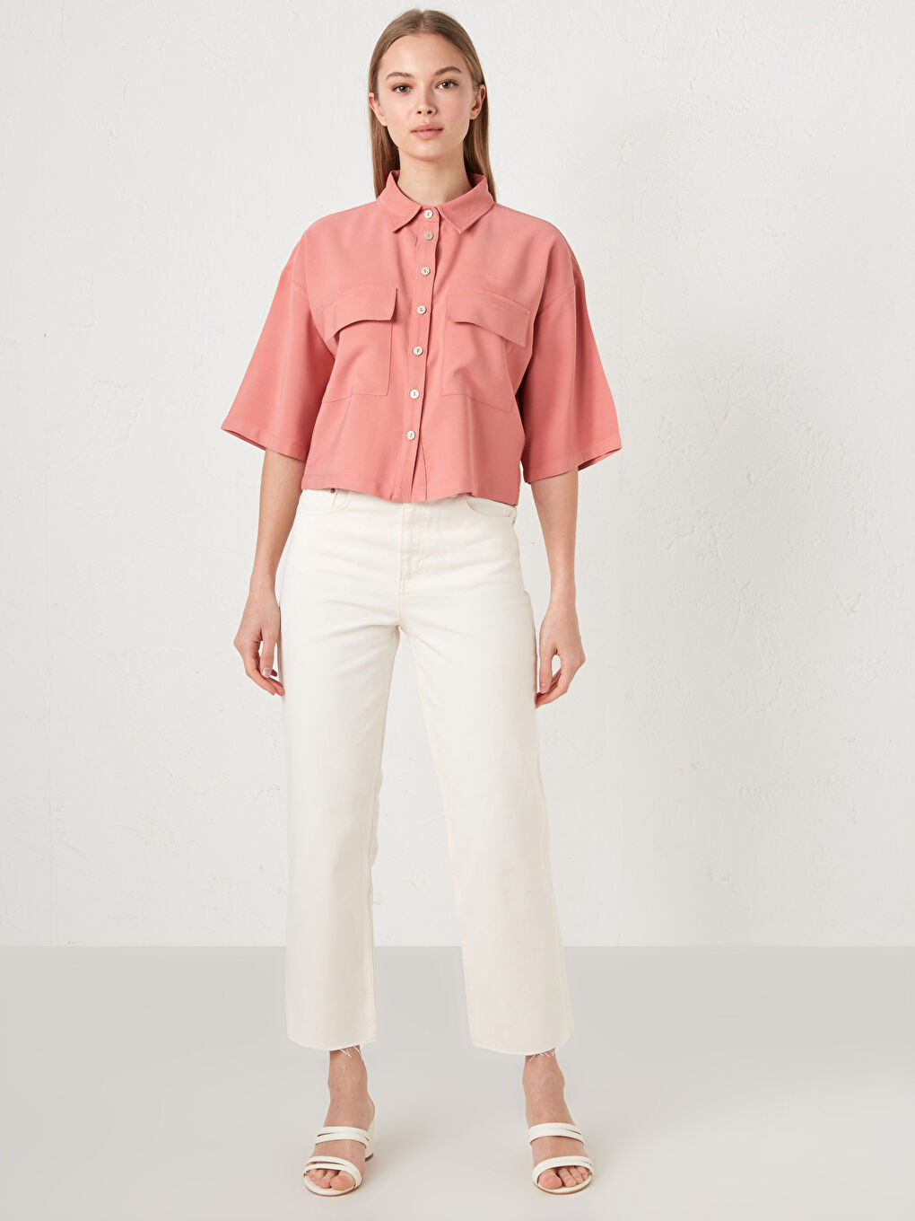 Short Sleeve Women's Shirt With Pocket Detailed Button Closure-4