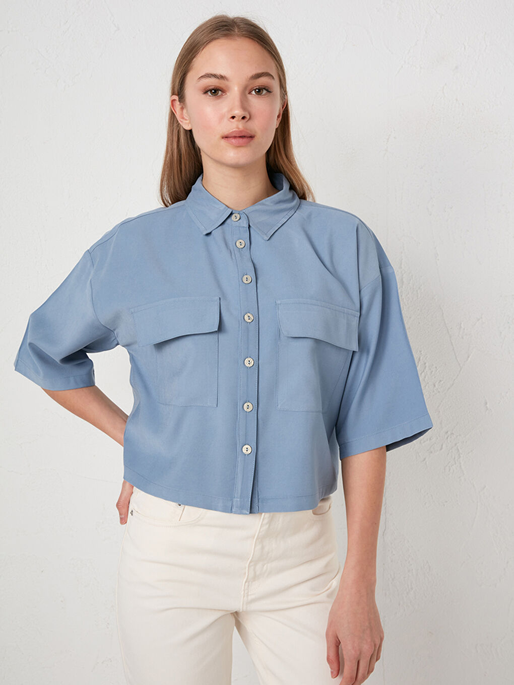 Pocket Detailed Button Closure Short Sleeve Women's Shirt-1