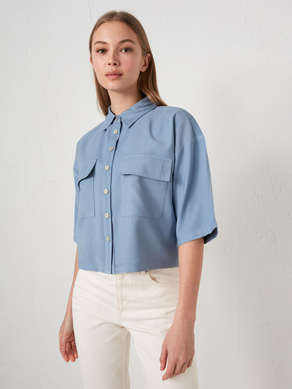 Pocket Detailed Button Closure Short Sleeve Women's Shirt-2