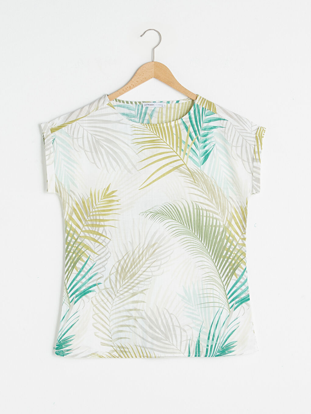 Crew Neck Patterned Short Sleeve Cotton Women's Blouse-5