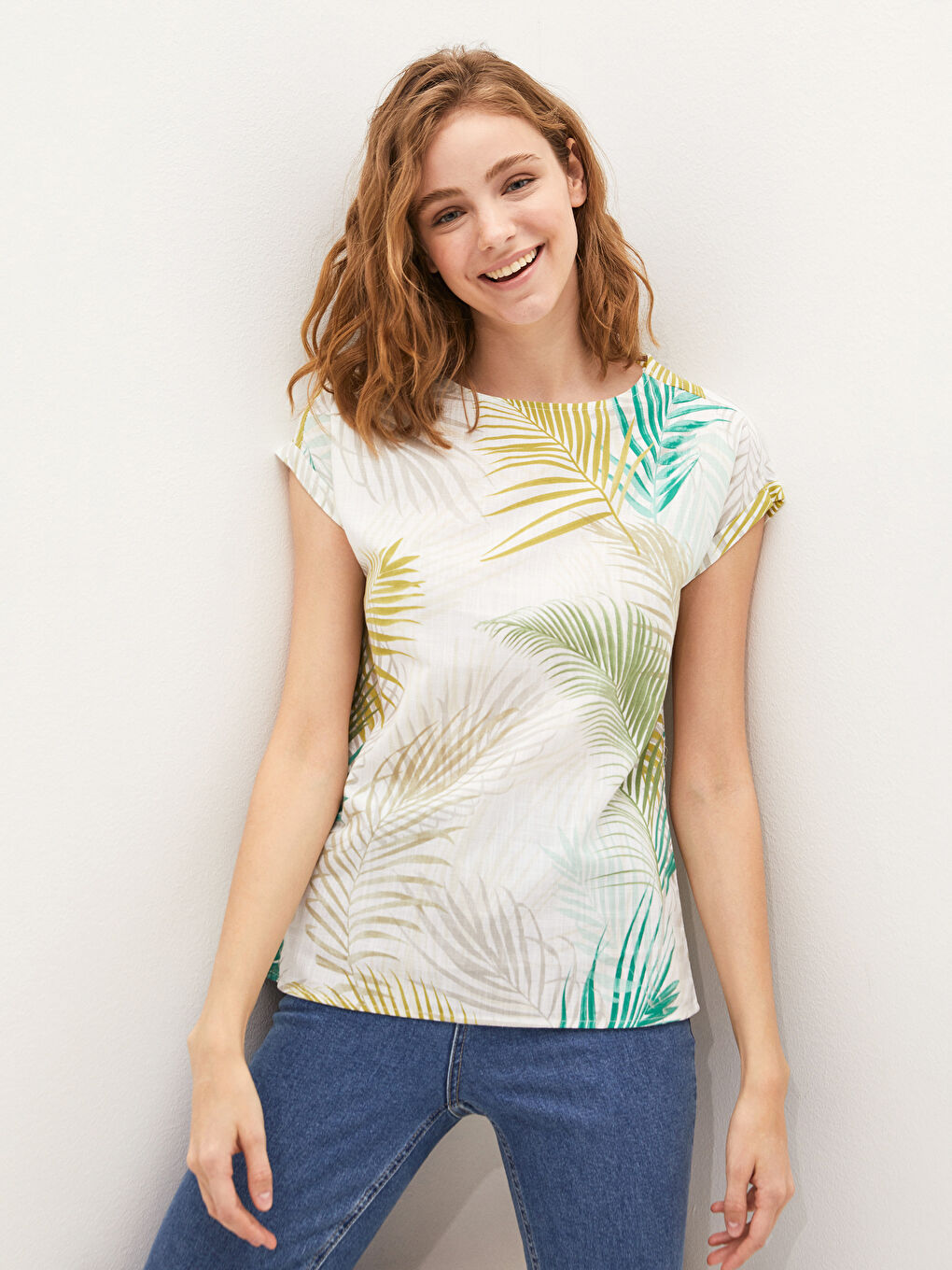 Crew Neck Patterned Short Sleeve Cotton Women's Blouse-4