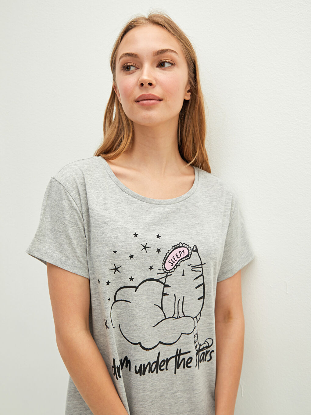 Gri Bisiklet Yaka Baskılı Kısa Kollu Pamuklu Kadın Gecelik-2