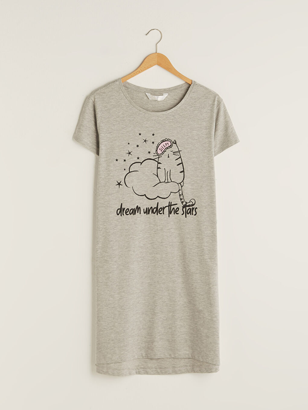 Gri Bisiklet Yaka Baskılı Kısa Kollu Pamuklu Kadın Gecelik-5