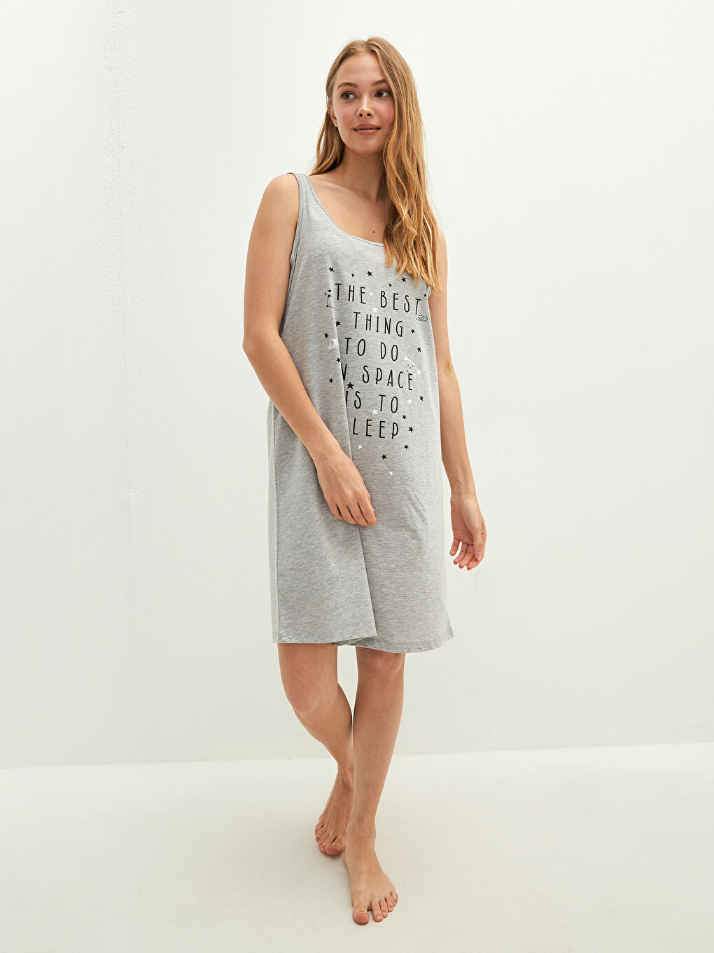Gri U Yaka Askılı Baskılı Kadın Gecelik-2