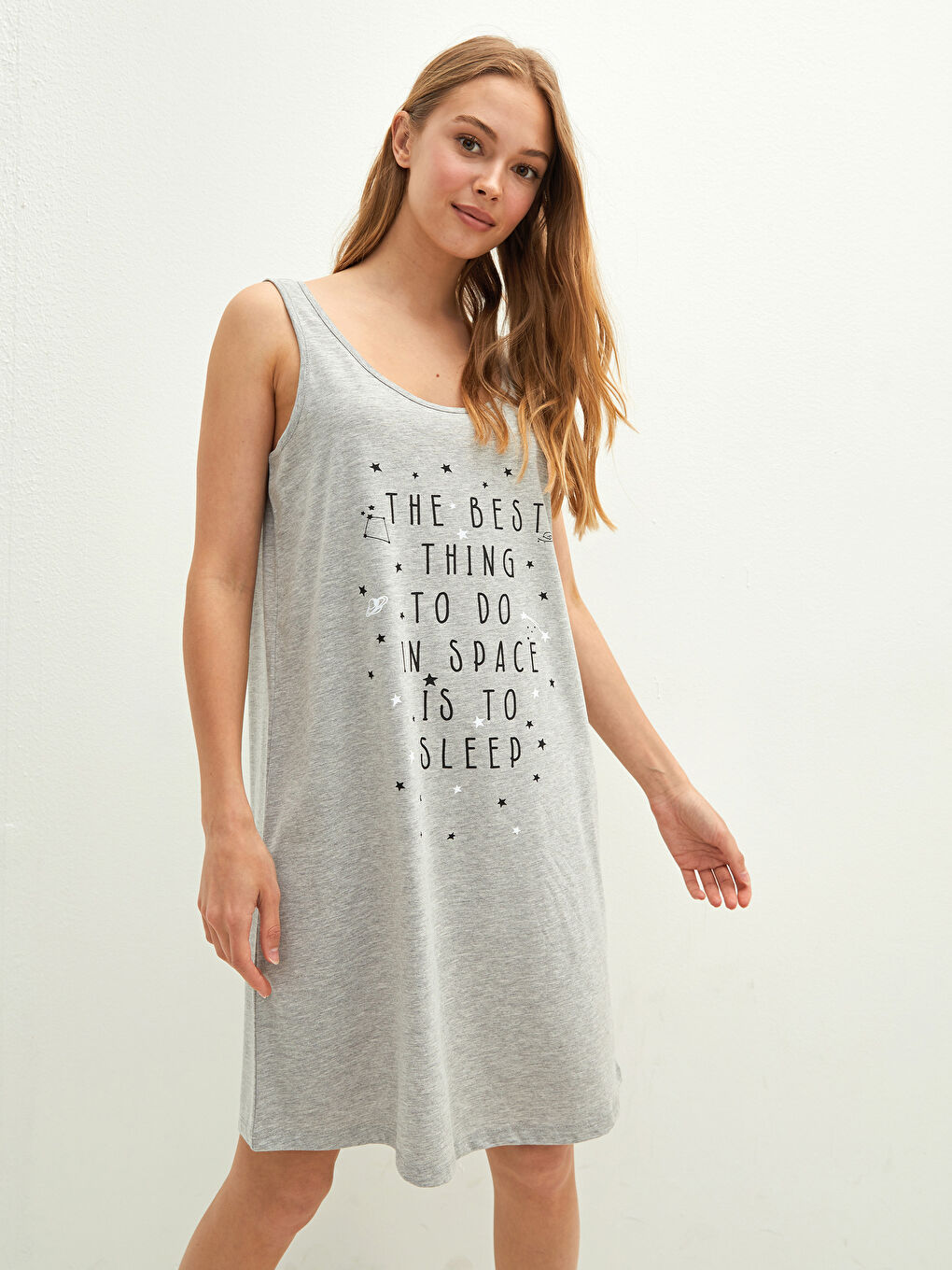 Gri U Yaka Askılı Baskılı Kadın Gecelik-4