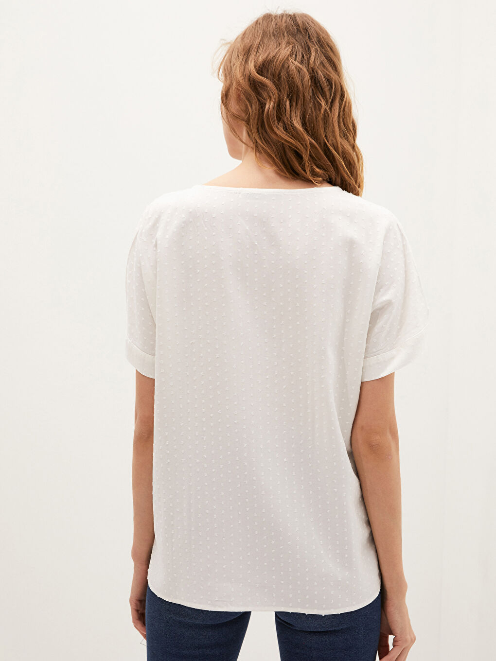 Ekru Bisiklet Yaka Desenli Kısa Kollu Viskon Kadın Bluz-3