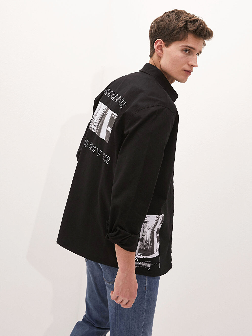 Siyah Oversize Uzun Kollu Gabardin Erkek Gömlek-1