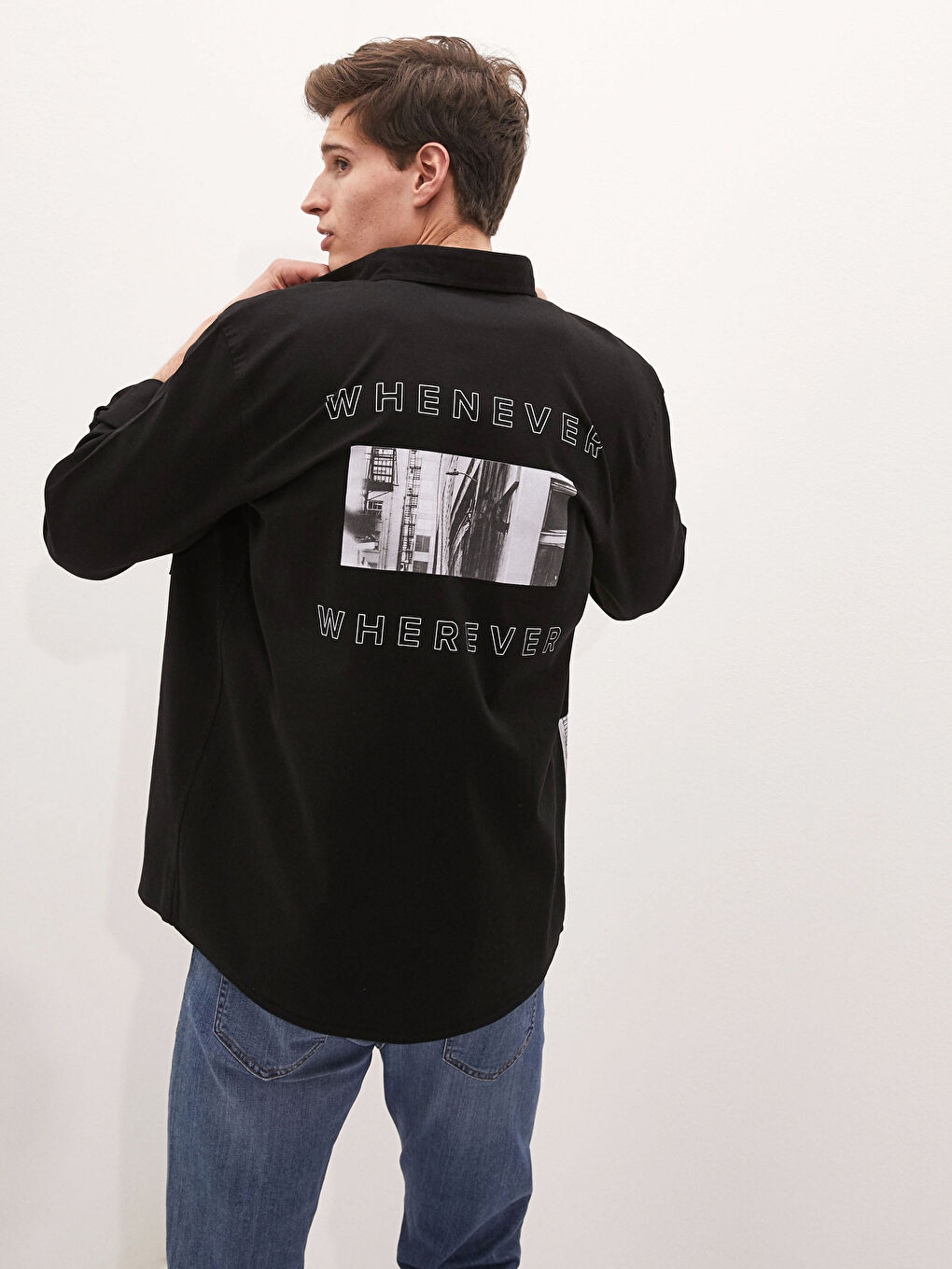 Siyah Oversize Uzun Kollu Gabardin Erkek Gömlek-3