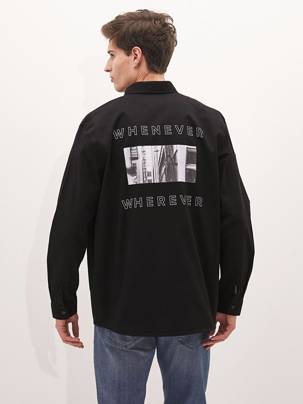 Siyah Oversize Uzun Kollu Gabardin Erkek Gömlek-4