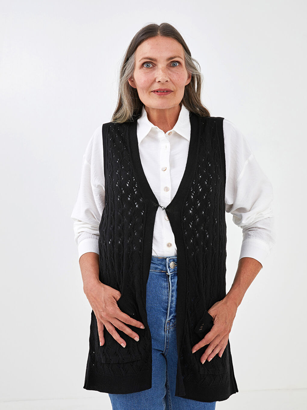 V Neck Self Patterned Pocket Detailed Women's Knitwear Vest-1