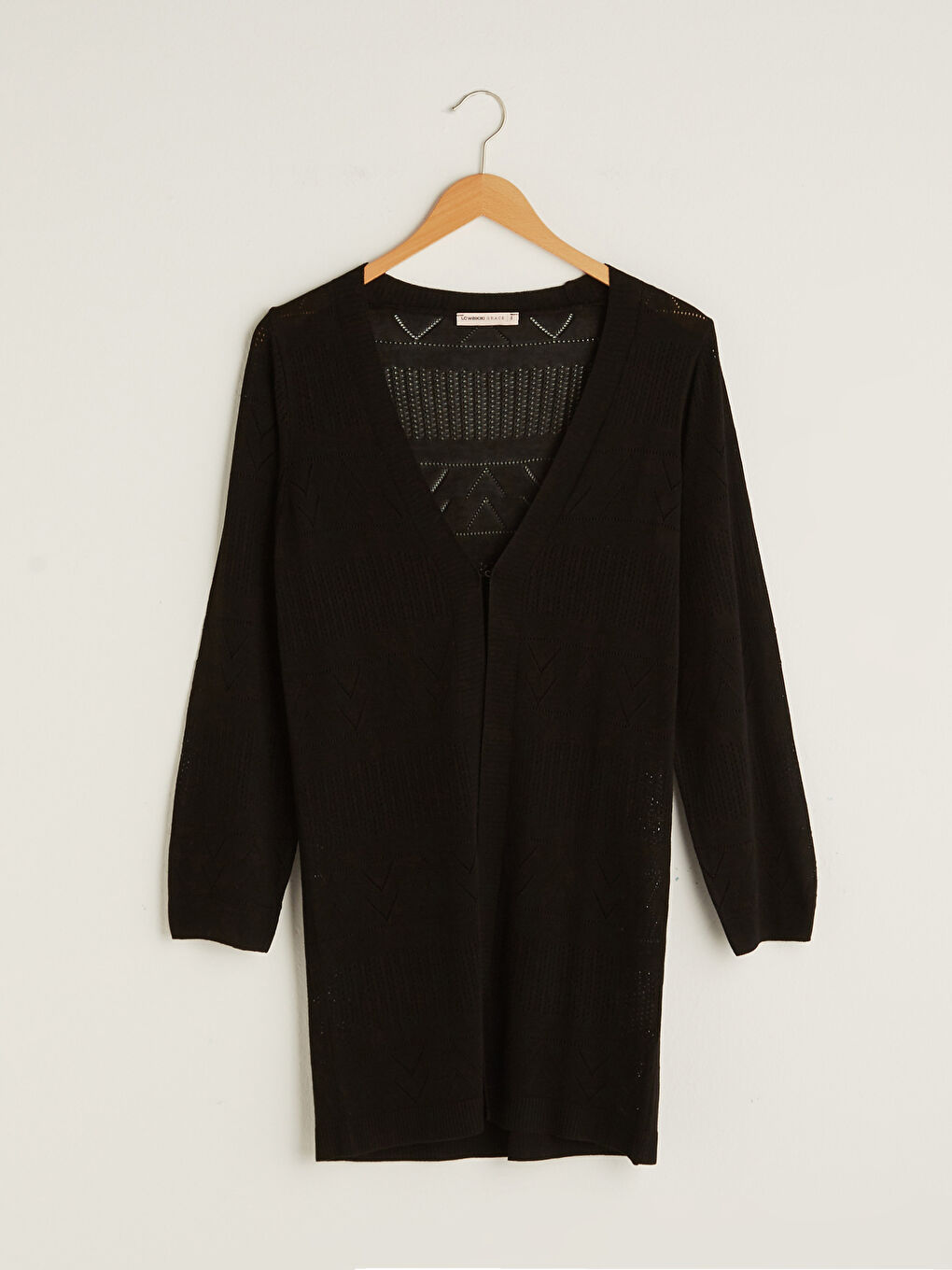 Siyah V Yaka Kendinden Desenli Uzun Kollu Kadın Triko Hırka-5