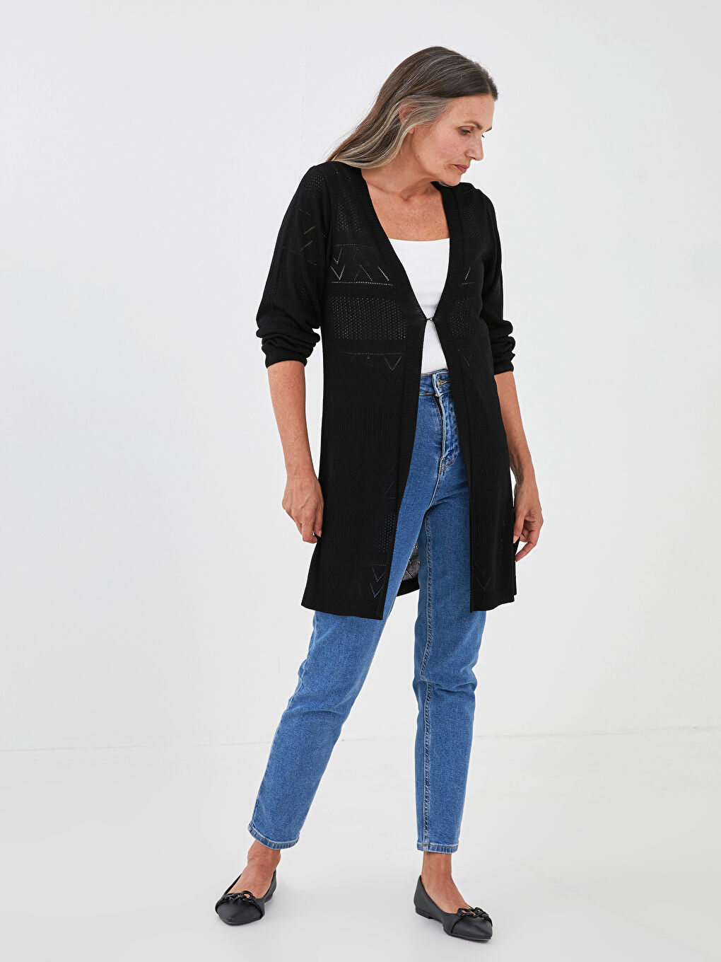 Siyah V Yaka Kendinden Desenli Uzun Kollu Kadın Triko Hırka-2