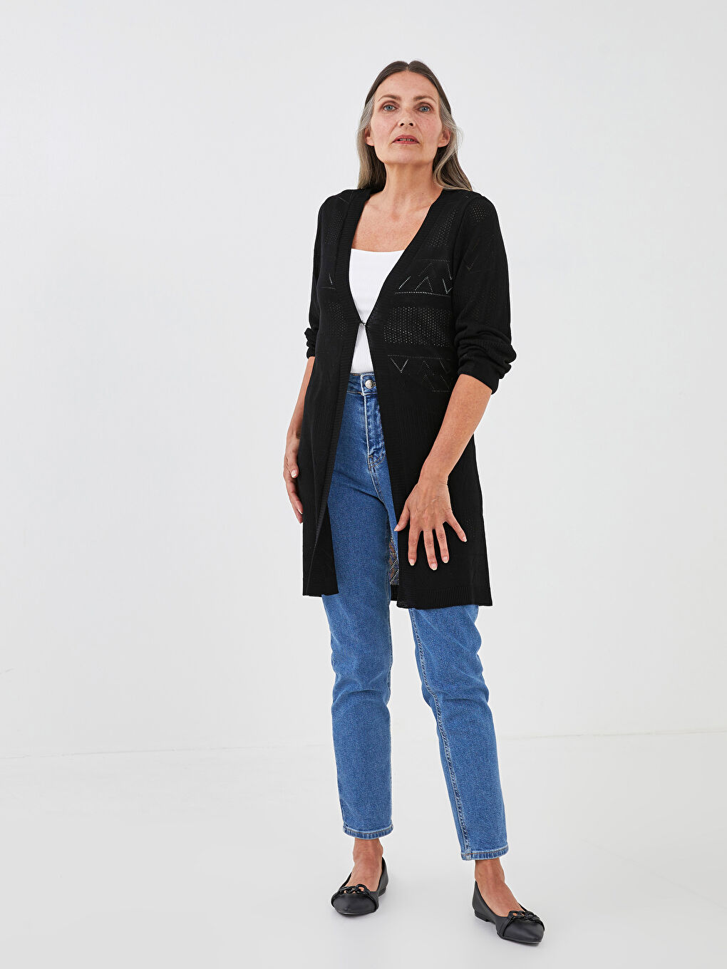 Siyah V Yaka Kendinden Desenli Uzun Kollu Kadın Triko Hırka-3