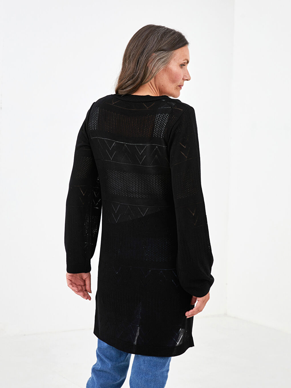 Siyah V Yaka Kendinden Desenli Uzun Kollu Kadın Triko Hırka-4